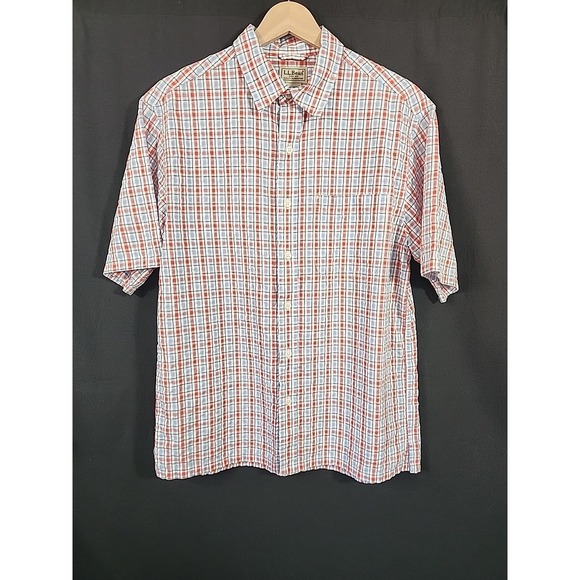 LL Bean Seersucker Camp Button Down Shirt Plaid Short Sleeve Men Size S - Picture 1 of 9